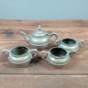 Vintage Miniature Pewter Teapot Sugar Bowl Creamer Dragon Handles Ornate